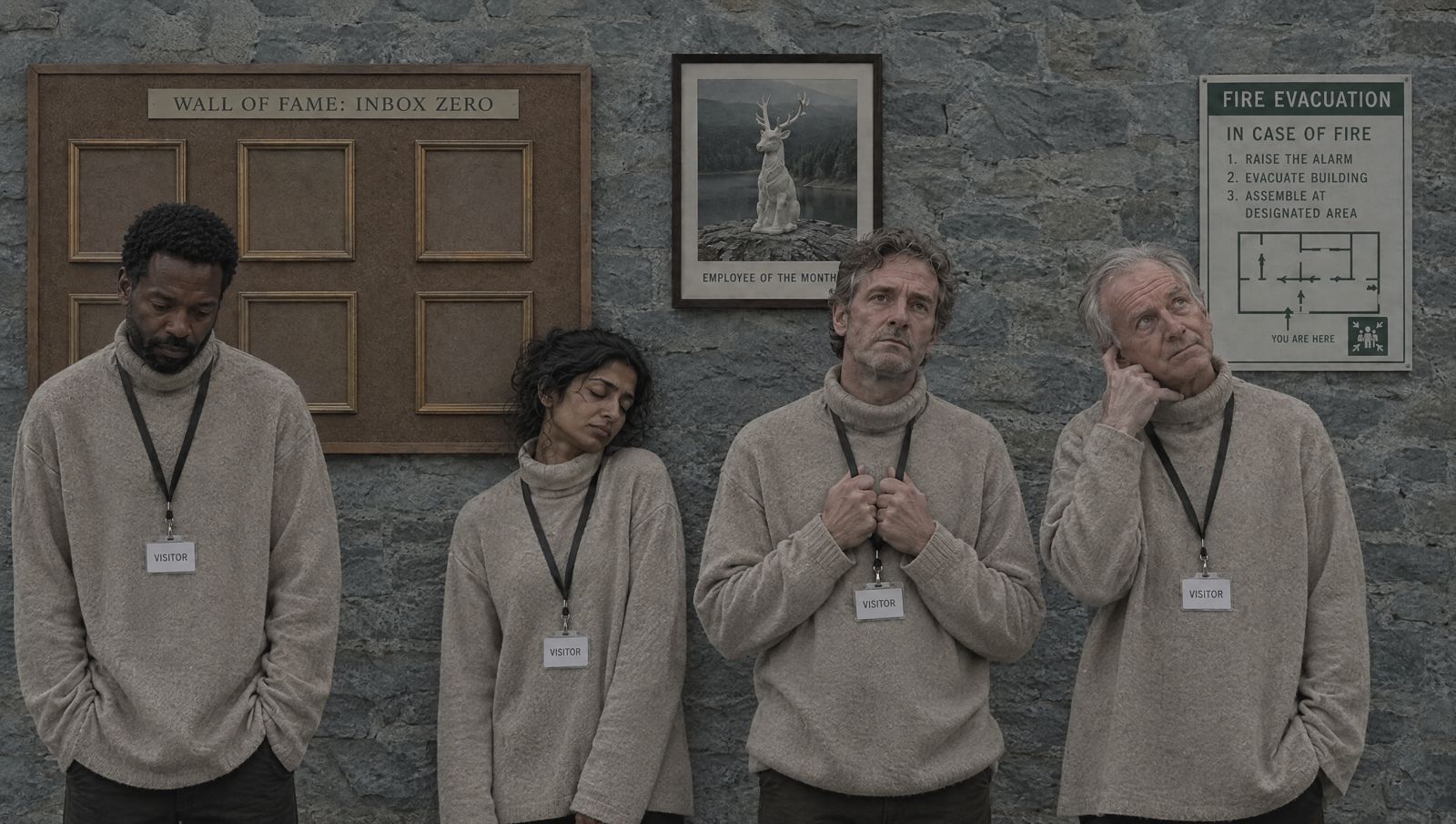 Four guests in a group photograph, one on an invisible phone call.