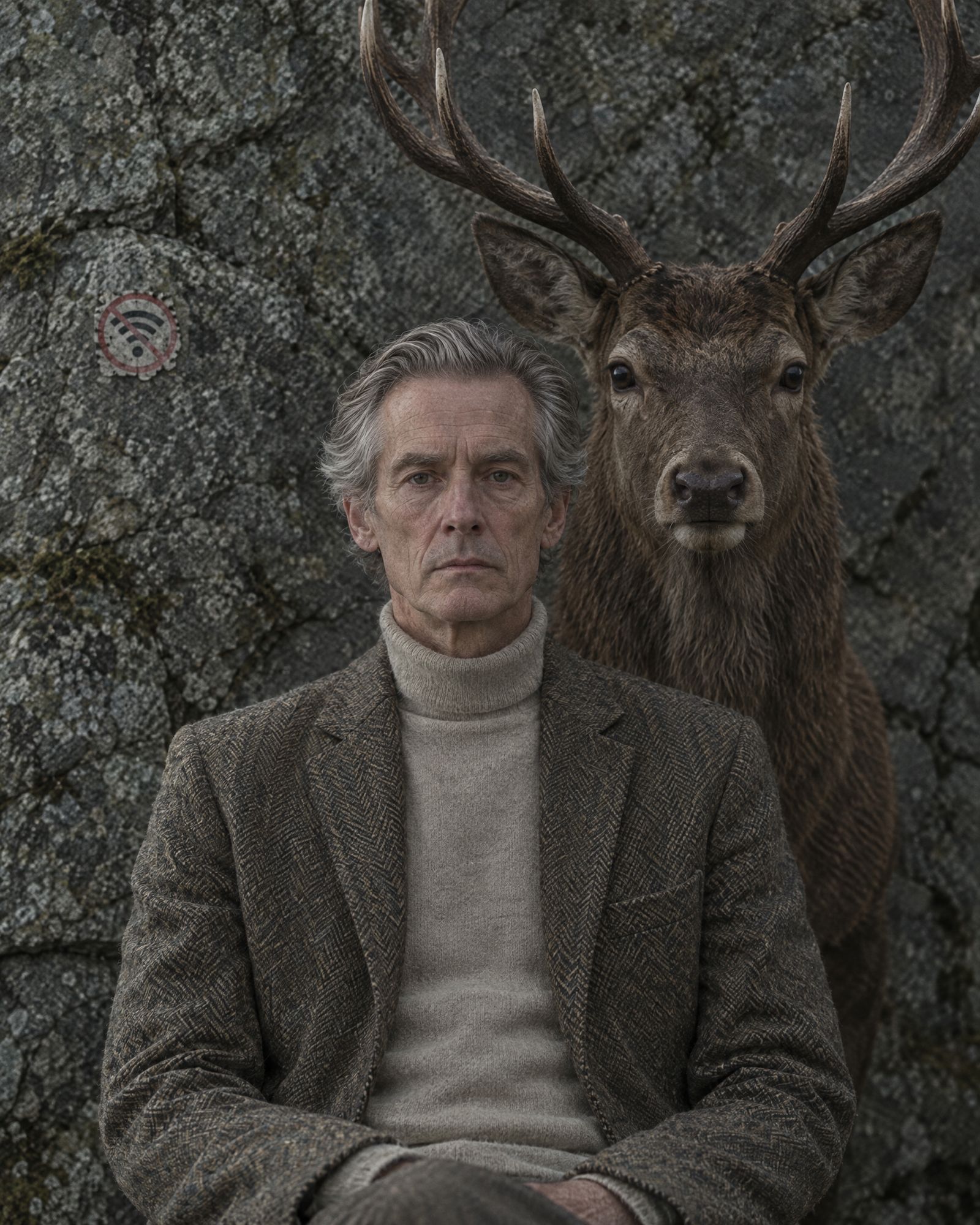 Dr. MacFarlane with the stag, and a Wi-Fi sticker on the rock.